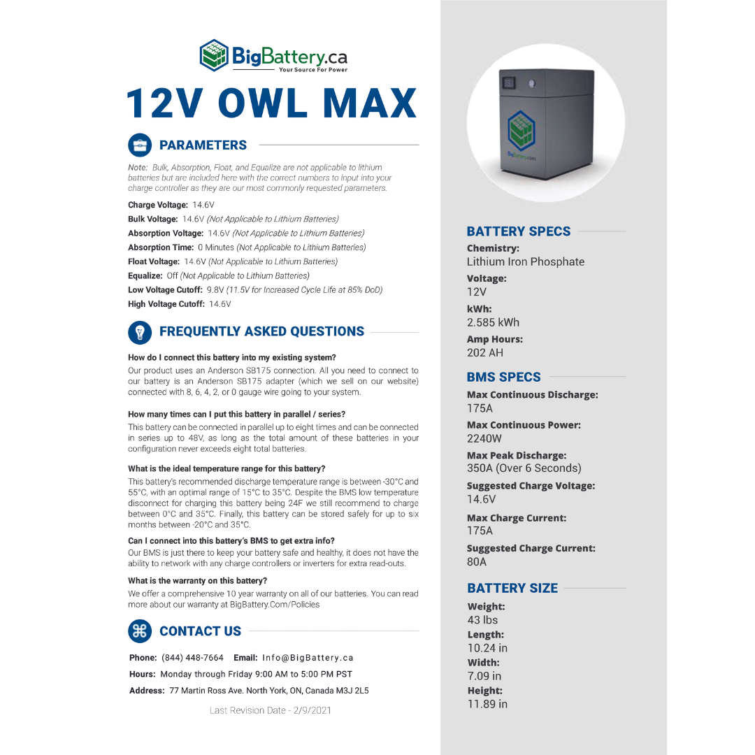 12V OWL MAX | 202AH | 2.6KWH | Lithium Battery Pack｜LIFEPO4 Power Block | Currently On Backorder