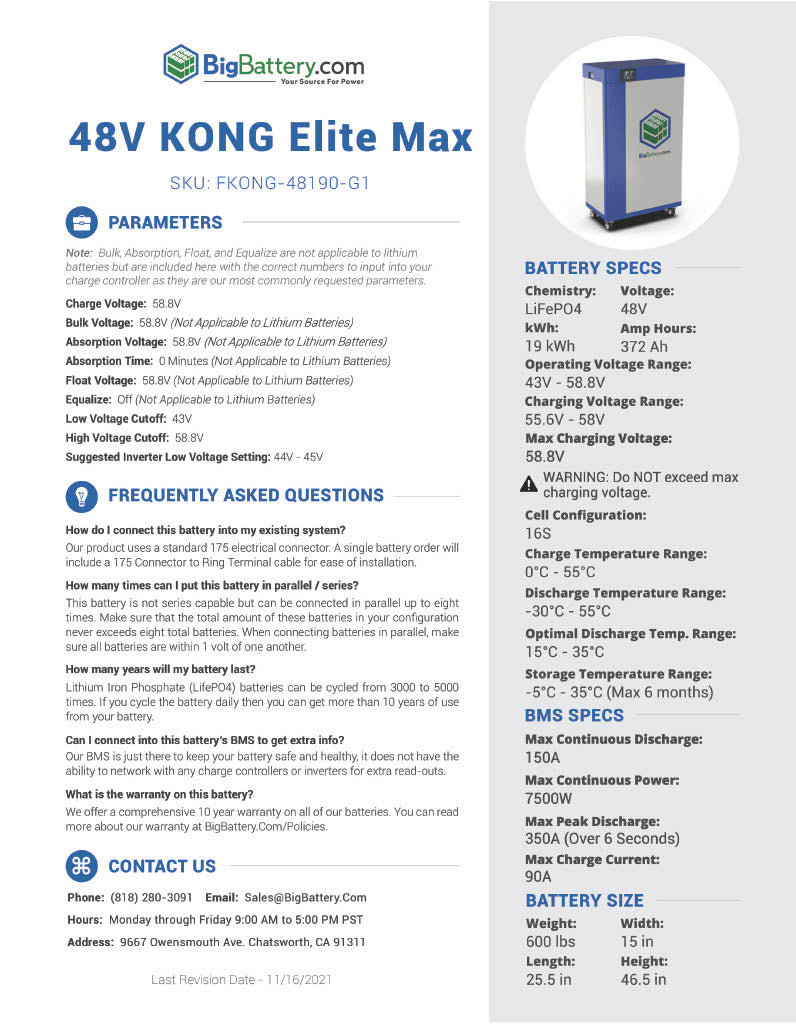48V KONG ELITE MAX｜372Ah｜19.0kWh｜LIFEPO4 Power Block｜Lithium Battery Pack｜Ship From The US In 3-8 Weeks
