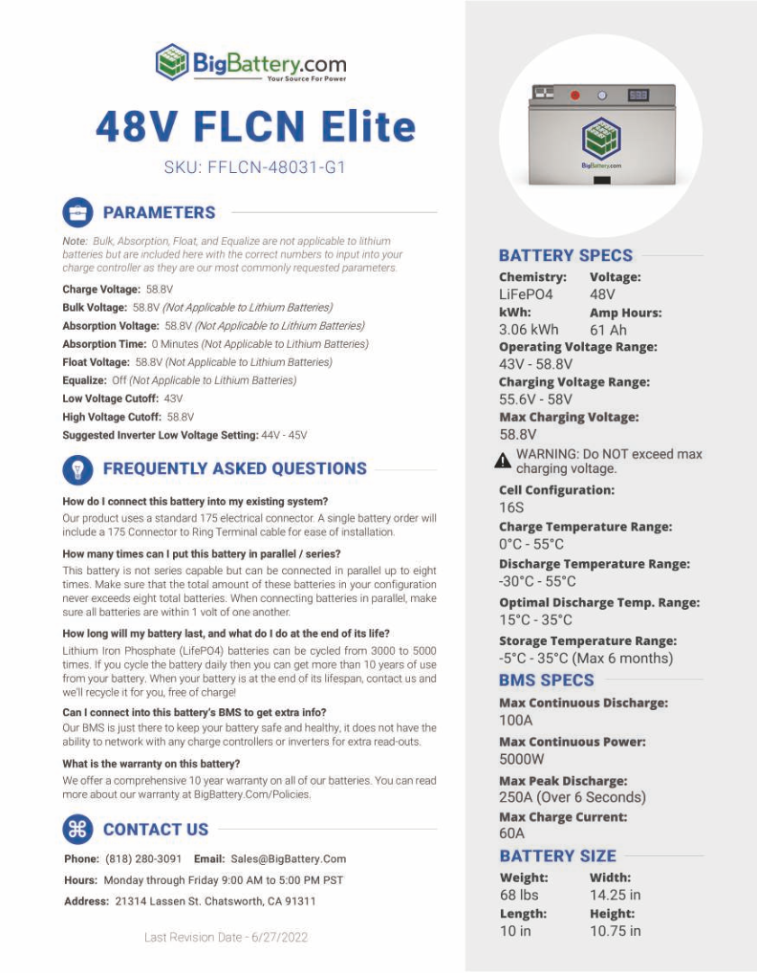 48V FLCN Elite｜61AH｜3.06KWH | LIFEPO4 Power Block｜Lithium Battery Pack | 3-8 Weeks Ship Time