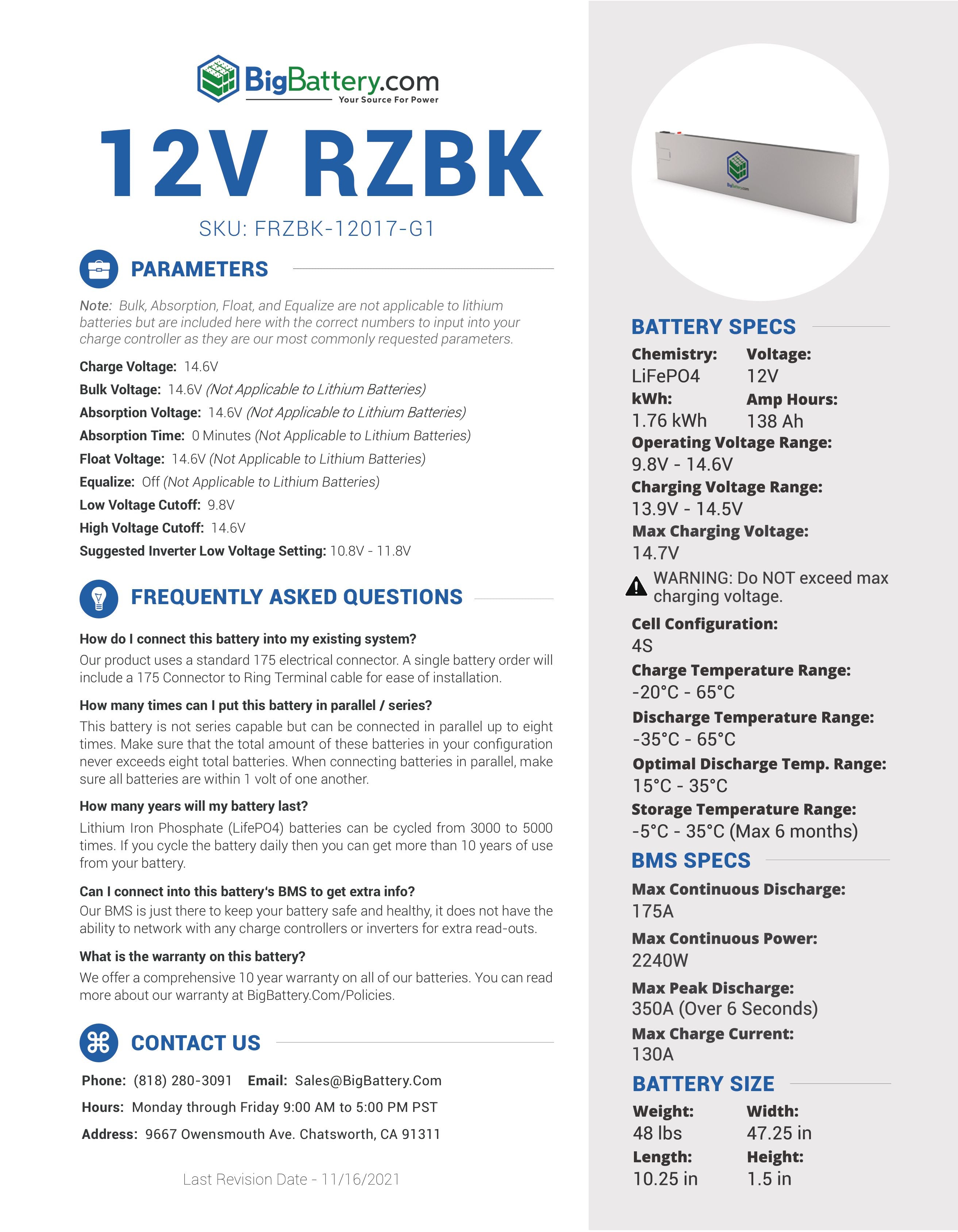 12V RZBK | 138Ah | 1.76kWh | Lithium Battery Pack｜LIFEPO4 Power Block | 3-8 Weeks Ship Time