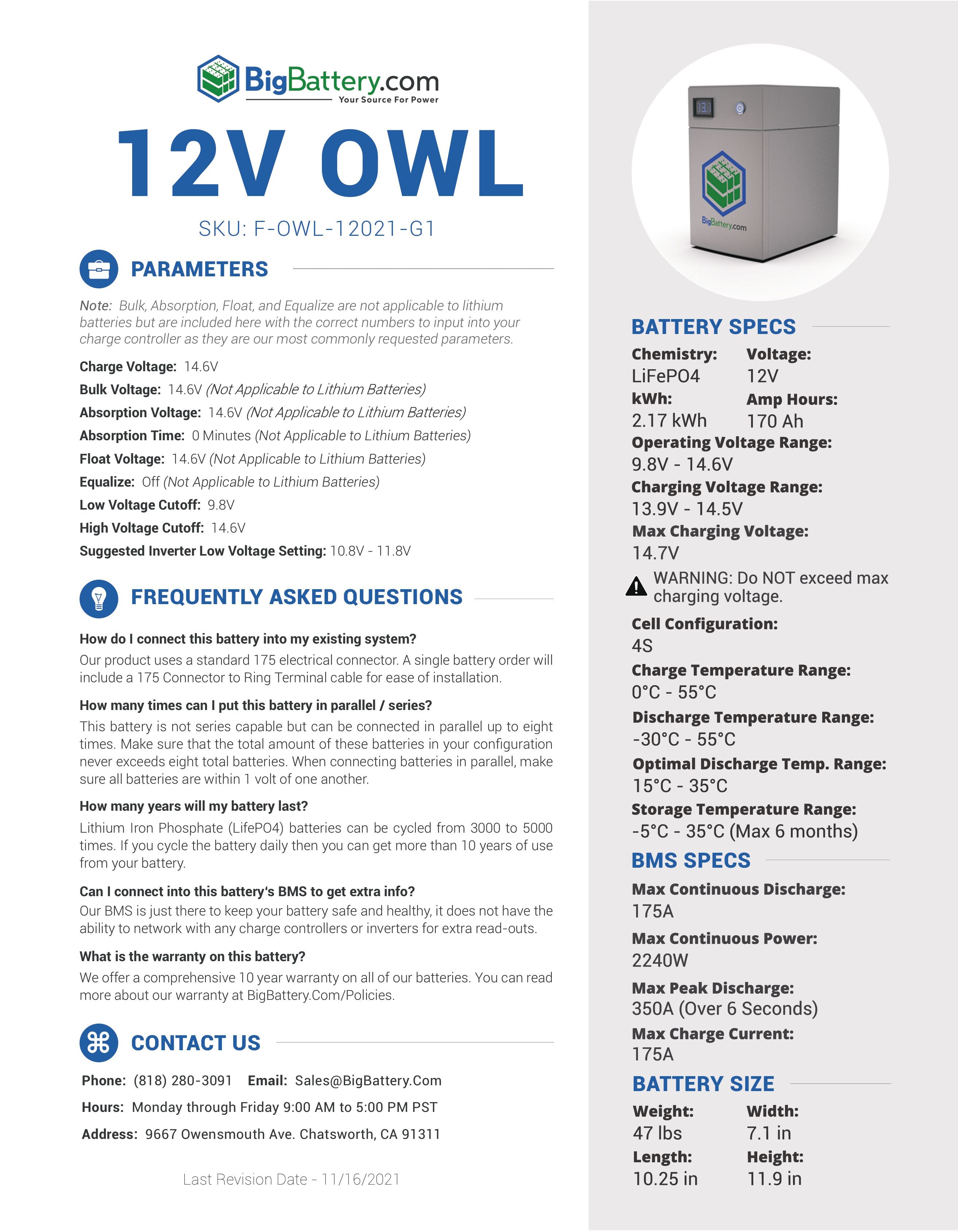 12V OWL｜170AH｜2.176KWH |  Lithium Battery Pack｜LIFEPO4 Power Block | 3-4 Weeks Ship Time